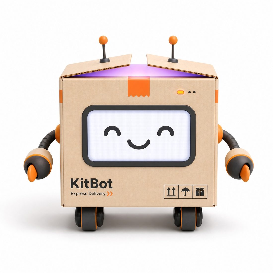 KitBot — a friendly kraft-box robot with a smiling screen, lid open and glowing purple