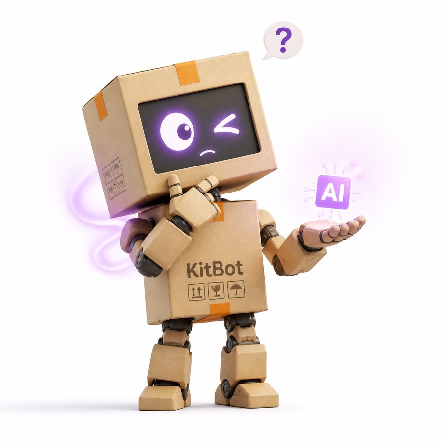 KitBot holding a glowing AI chip, thinking about which tool to recommend