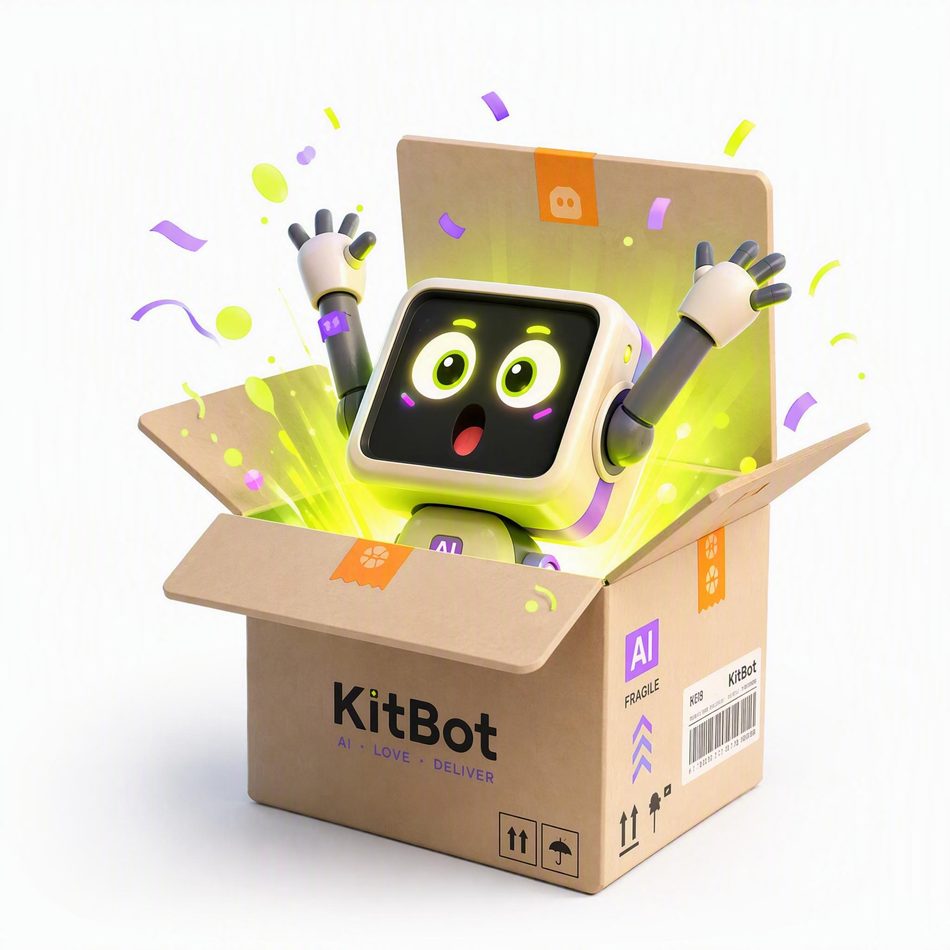 KitBot bursting out of a box in an explosion of lime light and purple confetti